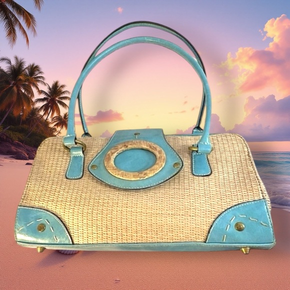 VINTAGE 70s Faux Straw and Aqua Satchel - Picture 13 of 14